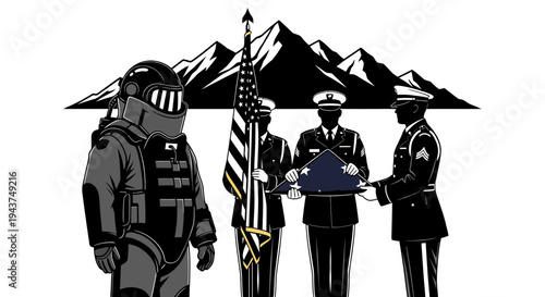 Military EOD Technician and Honor Guard with Flag and Mountains