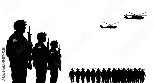 Military formation with helicopters in the sky, soldiers standing at attention, silhouette