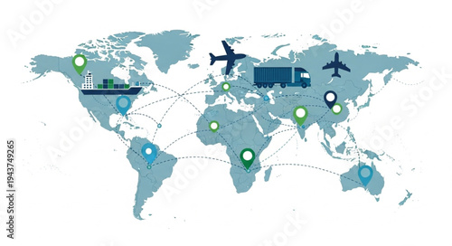 World Map with Transportation Icons.