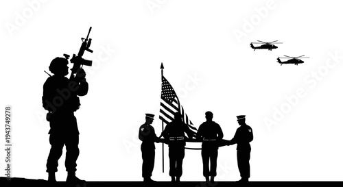 Military Funeral Honor Guard with Flag and Helicopters