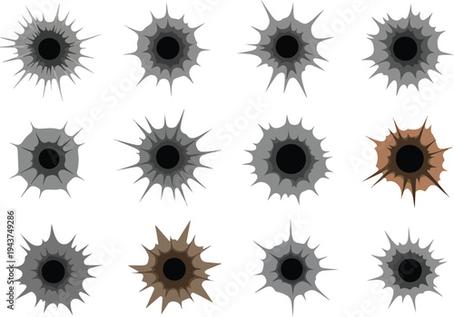 Collection of realistic bullet hole illustrations with varying textures and impacts on different surfaces