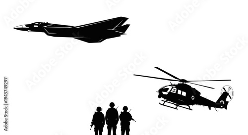 Military helicopter and fighter jet flying above soldiers, aerial combat and defense concept