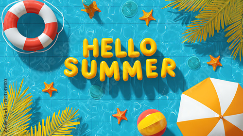 Hello summer pool party with inflatable letters and beach ball creating joyful vacation mood