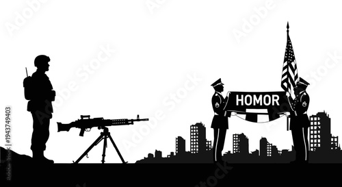 Military Honor Guard with American Flag and Soldier Silhouette