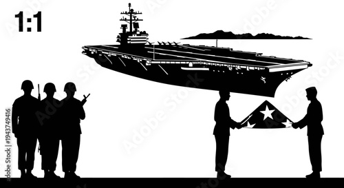 Military Honor Guard Presents Folded Flag Before Aircraft Carrier