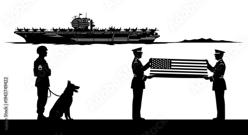 Military Honor Guard with Flag and Dog, Aircraft Carrier in Background