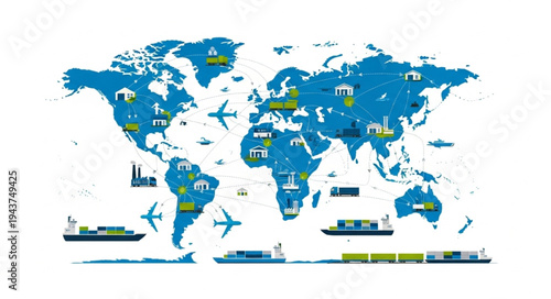 World Map with Transportation Icons.