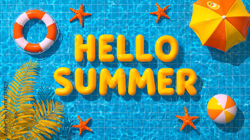 Hello summer inflatable letters pool float with life ring beach umbrella and starfish