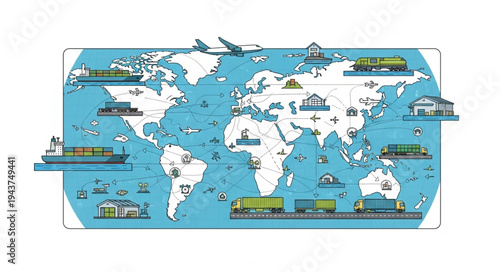 World Map with Transport Illustration.