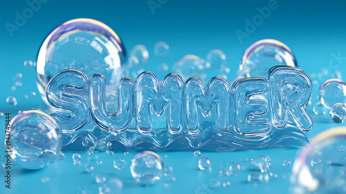SUMMER bubble letters float on glossy water surface with transparent soap bubble reflections and bright blue background