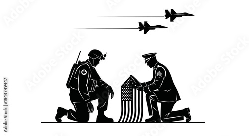 Military Honor: Soldiers Fold Flag with Jet Flyover, Symbol of Patriotism and Sacrifice