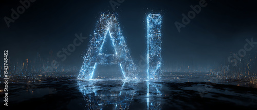 Futuristic AI concept glowing letters in digital cityscape, reflective wet surface, neon blue energy