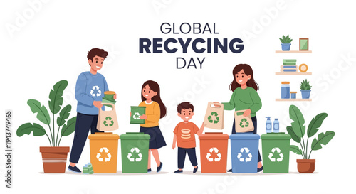 Illustration of a family participating in Global Recycling Day with recycling bins and plants, promoting sustainable recycling practices and environmental awareness.