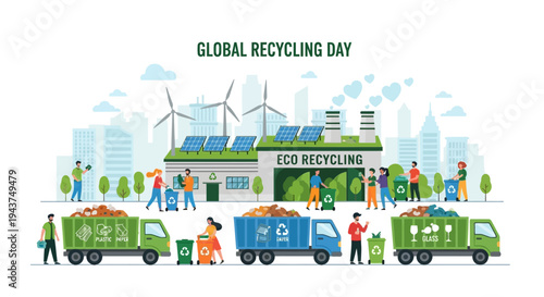 Illustration of people engaging in eco-friendly recycling practices on Global Recycling Day with recycling trucks and a recycling center in the background.