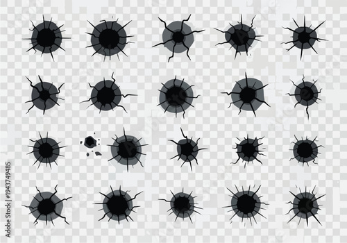 Collection of bullet hole graphics with cracked transparent backgrounds, diverse shapes and sizes