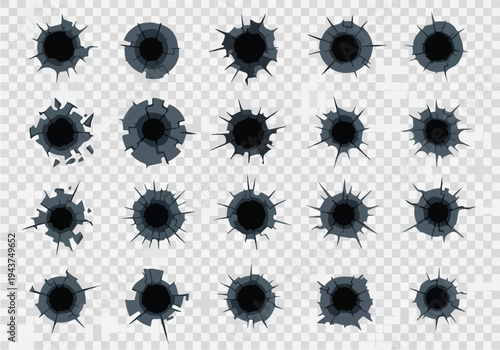 Set of various realistically depicted holes with ragged edges, isolated on a transparent background, resembling bullet impacts or damage