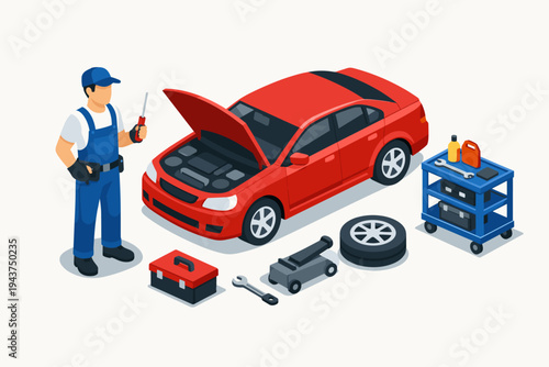 Professional auto mechanic in blue overalls holding a screwdriver next to a red car with open hood, isometric vector illustration featuring repair tools, toolbox, jack, tire, and tool cart.