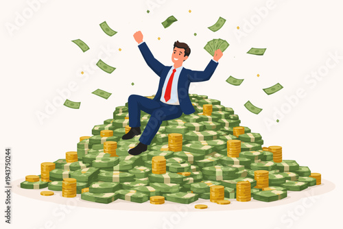 Successful Businessman Sitting on a Huge Pile of Cash and Gold Coins, Throwing Money in the Air to Celebrate Financial Success, Wealth, Prosperity, and Profit. Flat Vector Illustration.