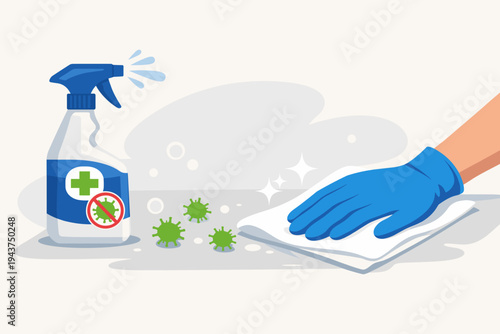 Surface cleaning with antibacterial sanitizing solution to prevent coronavirus spreading. Hand in blue glove wiping table with cloth and disinfectant spray bottle to kill germs and bacteria.