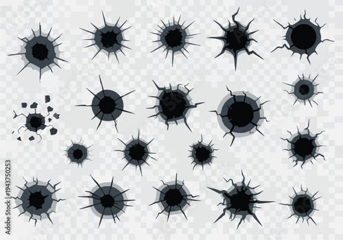 Set of torn paper holes and cracks with splinters and debris on a transparent background, resembling bullet holes or damage