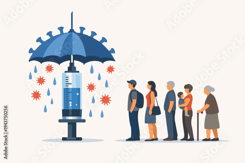 Vector illustration of a diverse group of people waiting in line for a COVID-19 vaccine, featuring a large syringe with an umbrella top providing protection against virus particles and raindrops.