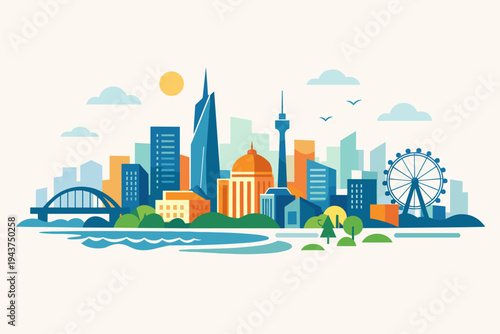 Abstract City Skyline Vector Illustration Featuring Colorful Skyscrapers, Bridge, Ferris Wheel, and Waterfront. Minimalist Flat Design Urban Landscape with Modern Buildings and Nature Elements.