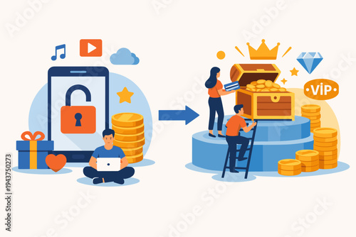 Freemium Business Model Concept Vector Illustration Showing User Transitioning from Free Basic Access with Locked Content to Premium VIP Subscription with Rewards Gold Coins and Exclusive Perks.