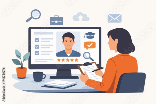 HR Manager Reviewing Online Job Application of a Potential Candidate on Computer Screen, Talent Acquisition and Recruitment Process Concept, Flat Vector Illustration of Hiring a New Employee.