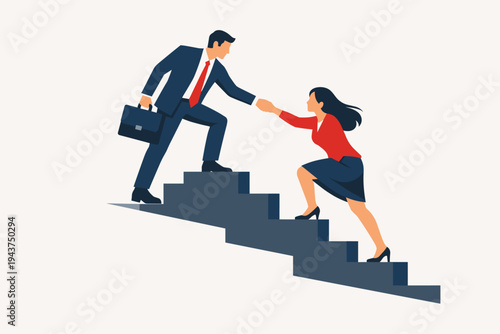 Businessman in suit helping a businesswoman climb steps, symbolizing mentorship, career growth, professional support, partnership, and overcoming obstacles to achieve success in the workplace.