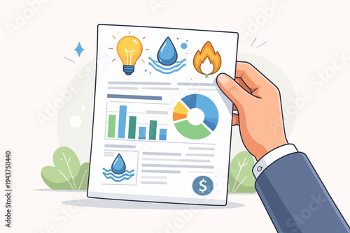 Vector illustration of a hand holding a utility bill report with icons for electricity, water, and gas, featuring financial charts and a dollar sign for expense tracking and energy management.