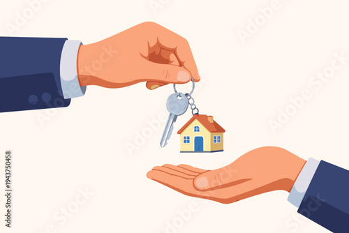 Real Estate Agent Hand Giving House Keys with a Small House Keychain to a Buyer, Concept of Property Sale, Home Ownership, Mortgage Approval, Rental Agreement, and Moving into a New Residence.
