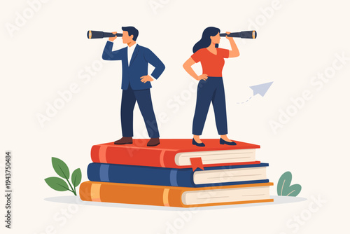 Professional Man and Woman Standing on a Stack of Large Books Looking Through Spyglasses in Opposite Directions, Concept of Vision, Career Growth, Education, Research, and Future Perspective