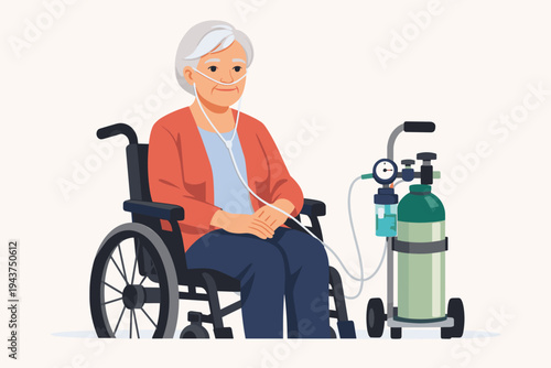 Vector Illustration of a Senior Woman with COPD Sitting in a Wheelchair and Receiving Oxygen Therapy via Nasal Cannula from a Portable Tank, Elderly Healthcare and Respiratory Support Concept.