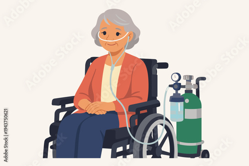 Senior Woman with COPD Sitting in a Wheelchair Receiving Oxygen Therapy via Nasal Cannula from Portable Tank, Flat Vector Illustration for Elderly Healthcare, Respiratory Disease, and Medical Care