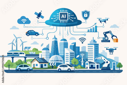 Smart city of the future with centralized artificial intelligence control, featuring autonomous vehicles, drones, industrial robots, renewable energy, and interconnected urban infrastructure.