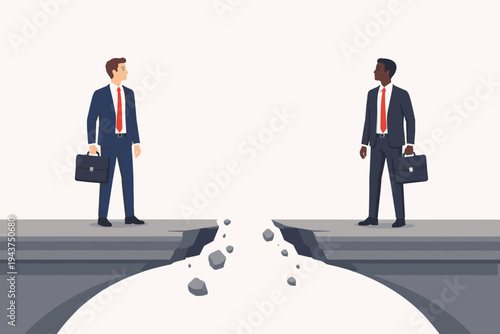 Two diverse businessmen standing on opposite sides of a broken bridge, representing a gap in communication, social inequality, business challenges, and the need for building new connections.