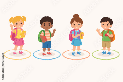Vector Illustration of Diverse Little Children Students Keeping Social Distance by Standing in Drawn Circles with Backpacks and Books, Back to School Health Safety Concept for Kids Education.