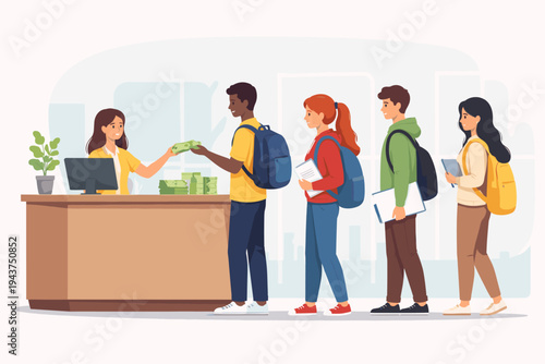 Diverse Students Standing in Line at a Bank Counter to Receive Money or Loans for Education Expenses, Tuition Fees, and College Costs, Flat Vector Illustration of Financial Aid and Student Debt.