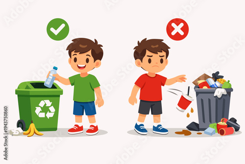Educational Vector Illustration of Two Boys Demonstrating Correct and Wrong Ways to Dispose of Trash, Showing Recycling vs Littering Habits for Kids, Environmental Awareness Concept Design