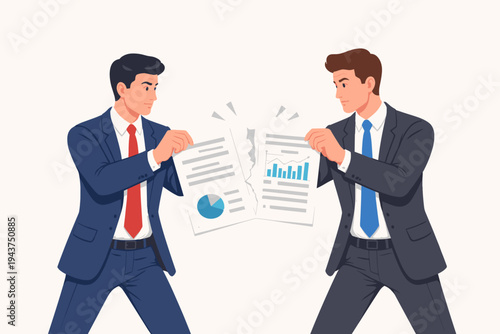 Two professional businessmen in suits tearing a financial contract or legal document in half, symbolizing a broken agreement, business dispute, partnership termination, or failed deal.