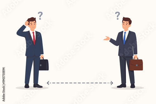 Flat vector illustration of two confused businessmen in suits holding briefcases and keeping social distance, featuring question marks and arrows representing communication gap or uncertainty.