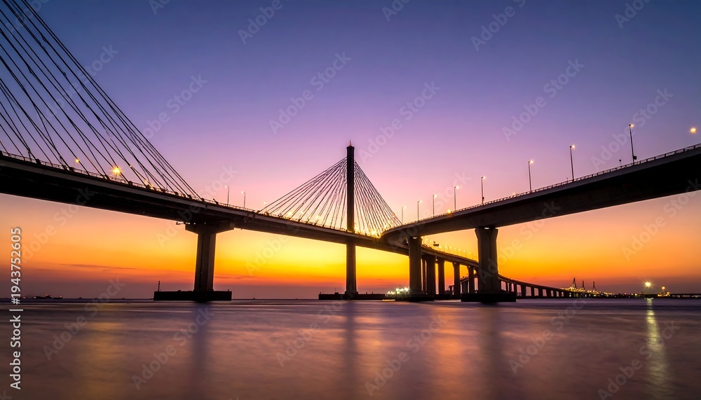 Fototapeta premium Dramatic cable-stayed bridge over water at sunset; beautiful colors