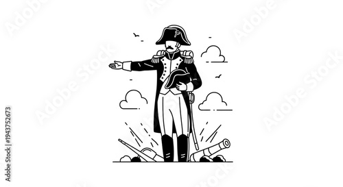 General Napoleon Bonaparte Standing Proudly on Battlefield with Cannon and Sword
