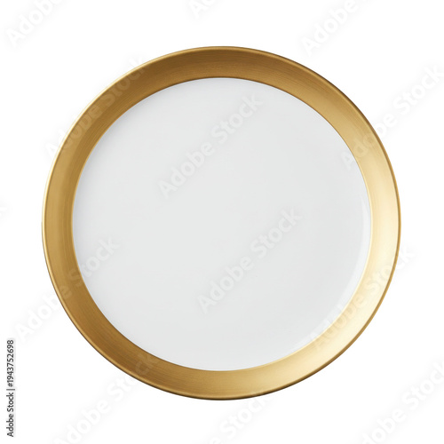 Elegant White Plate with a Thick, Textured Gold Rim, Overhead View isolated on white background