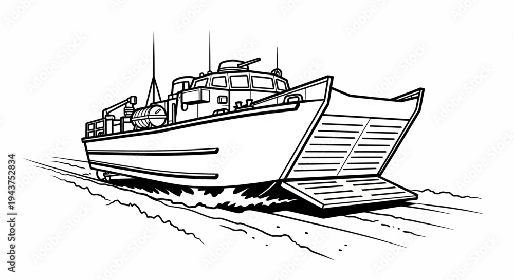 Naklejka premium Landing Craft Vehicle Personnel (LCVP) military boat on water, black and white illustration