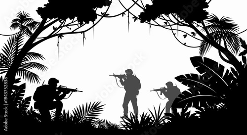 Jungle Warfare Silhouette: Soldiers with Rifles in Dense Tropical Forest