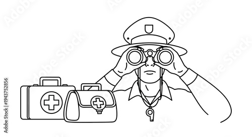 Lifeguard with binoculars and first aid kits, vigilance and safety at the beach