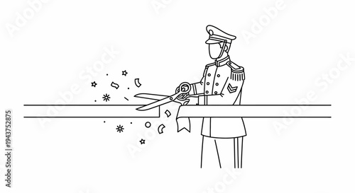 Man in Uniform Cuts Ribbon with Scissors, Confetti Falls