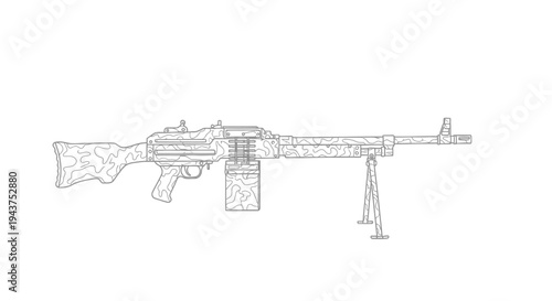 Line Art Illustration of a Vintage Machine Gun with Bipod