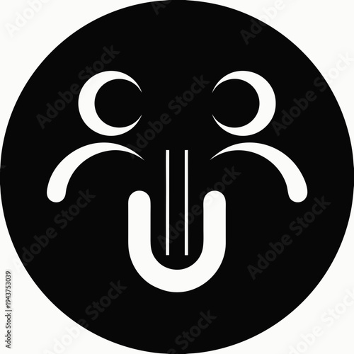 A minimalist black circle features a white cartoonish face design